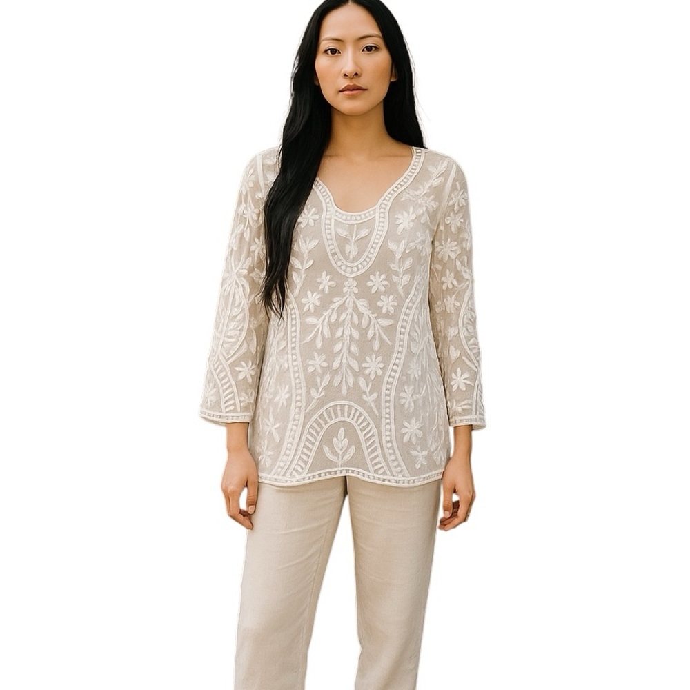 Keren Hart Medium Sheer Boho Embroidered White Tunic Shirt